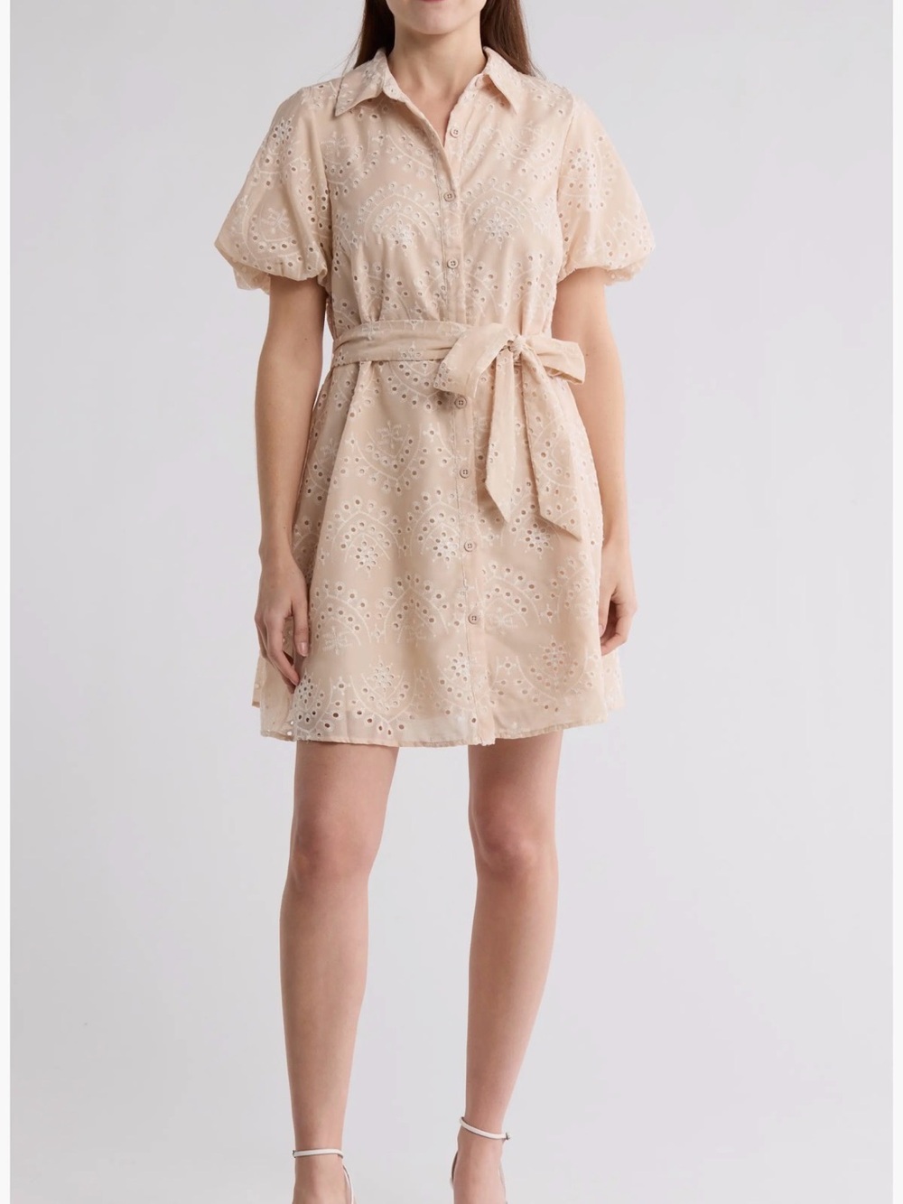 Sam Edelman Cream Eyelet Shirt Dress with Waist Tie